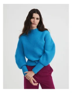 High Neck Puff Sleeve Knit In Bright Blue