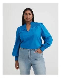 Cotton Shirred Blouse In Sorrento Blue
